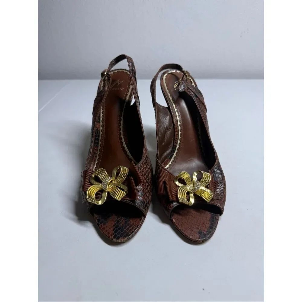 J Vincent Brown Snakeskin Print Slingback Peep Toe Heels Size 8.5